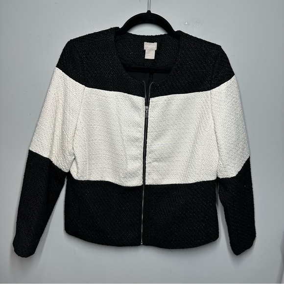 Chico's Colorblocked Tweed Jacket In White Black - Picture 2 of 5